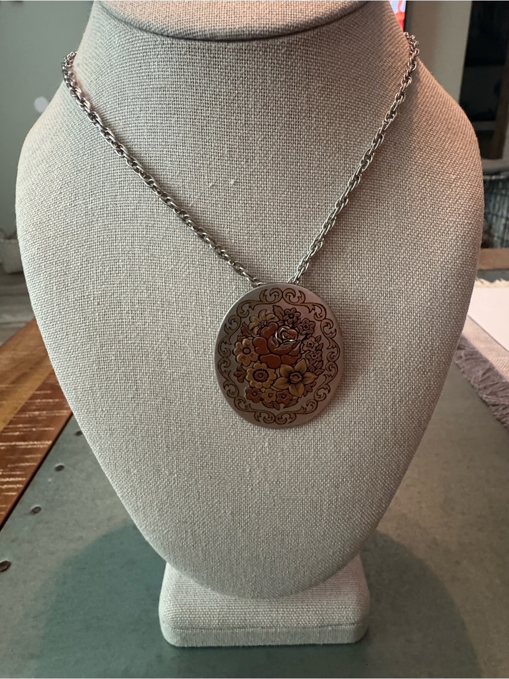 Silver Reed and Barton Floral Engraved Round Pendant Necklace - Women's Jewelry